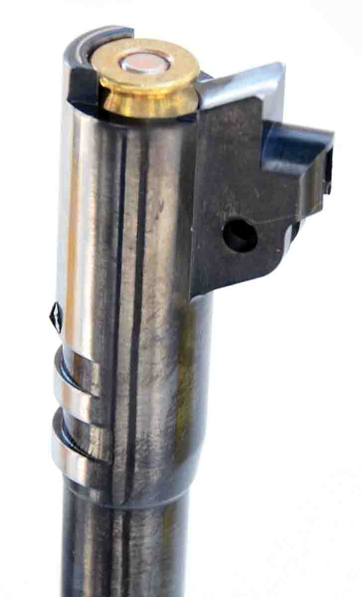 As its name indicates, the chamber of a full-support barrel for the 1911 pistol supports a cartridge all the way back to the front of its extraction groove. Layne recommends this type of barrel for 1911 pistols in .45 Super. It is easily installed by a good pistol smith who machines a mortice in the frame of the pistol for the full-length feed ramp of the barrel.